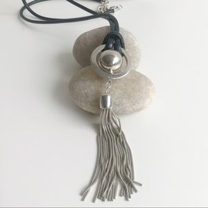 Necklace Long with Black Leather Strap and Dangles